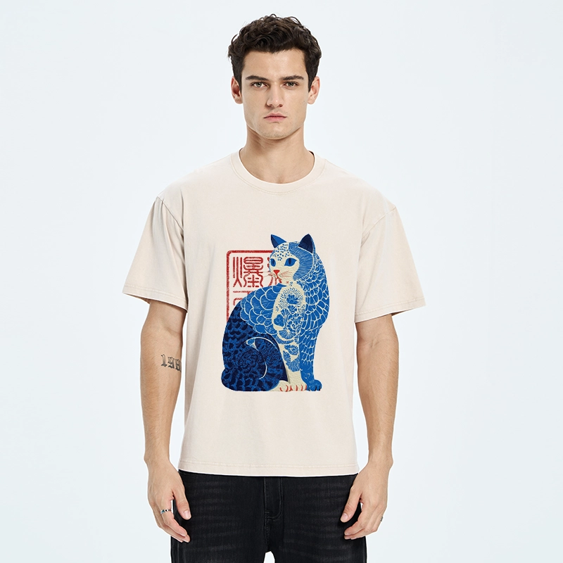 Tokyo-Tiger Blue And White Cat Print Art Washed T-Shirt