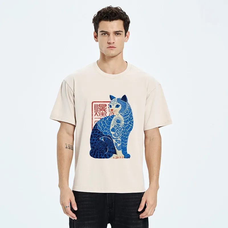 Tokyo-Tiger Blue And White Cat Print Art Washed T-Shirt