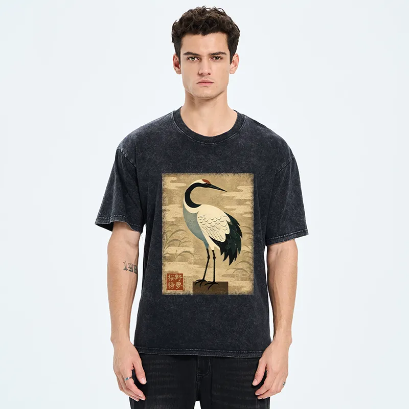 Tokyo-Tiger Elegant Japanese Crane Washed T-Shirt