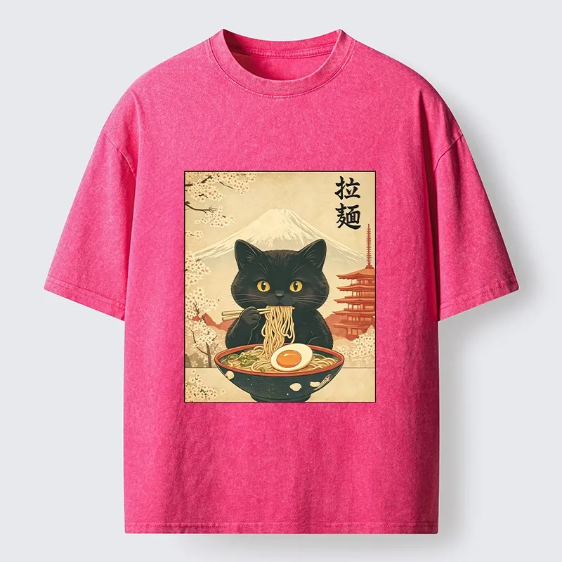 Tokyo‑Tiger Black Cute Cat Ramen Feast Washed T‑Shirt