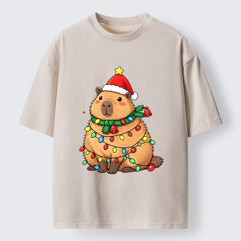 Tokyo-Tiger Chill Capybara In Christmas Outfit Washed T-Shirt