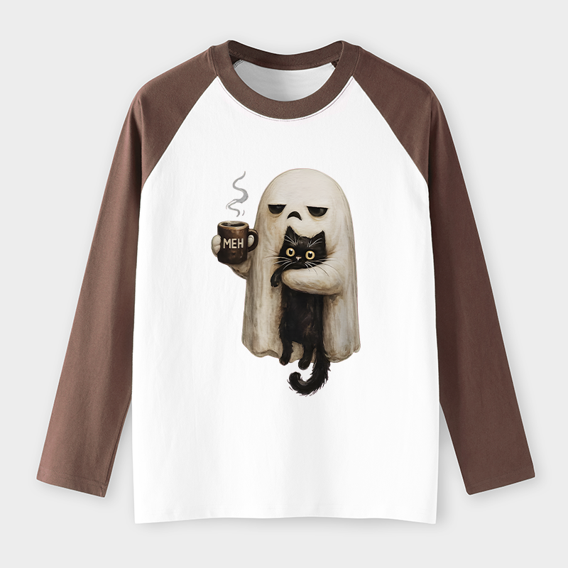 Tokyo-Tiger Ghost Cat Coffee Mood Raglan Long Sleeve T-shirt