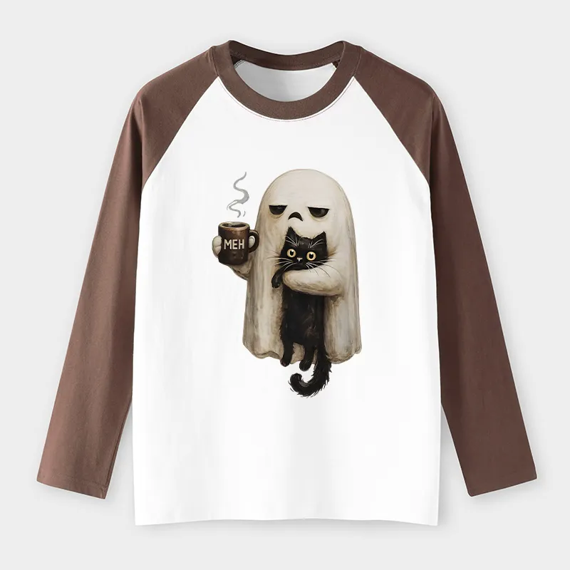 Tokyo-Tiger Ghost Cat Coffee Mood Raglan Long Sleeve T-shirt