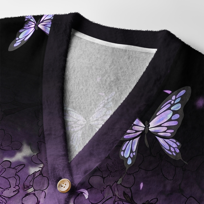Tokyo-Tiger Purple Cherry Blossom Butterfly Ugly Cardigan Sweater