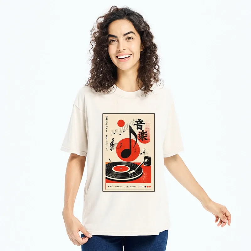 Tokyo-Tiger Retro Vinyl Record And Music Notes Washed T-Shirt