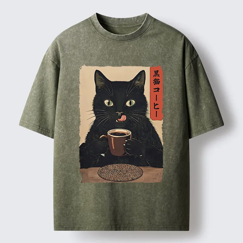Tokyo-Tiger Vintage Black Cat Coffee Art Washed T-Shirt