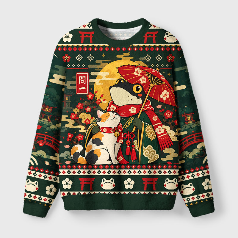 Tokyo-Tiger Frog And Cat Funny Fuzzy Christmas Ugly Sweatshirt