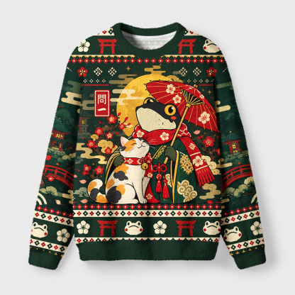 Tokyo-Tiger Frog And Cat Funny Fuzzy Christmas Ugly Sweatshirt