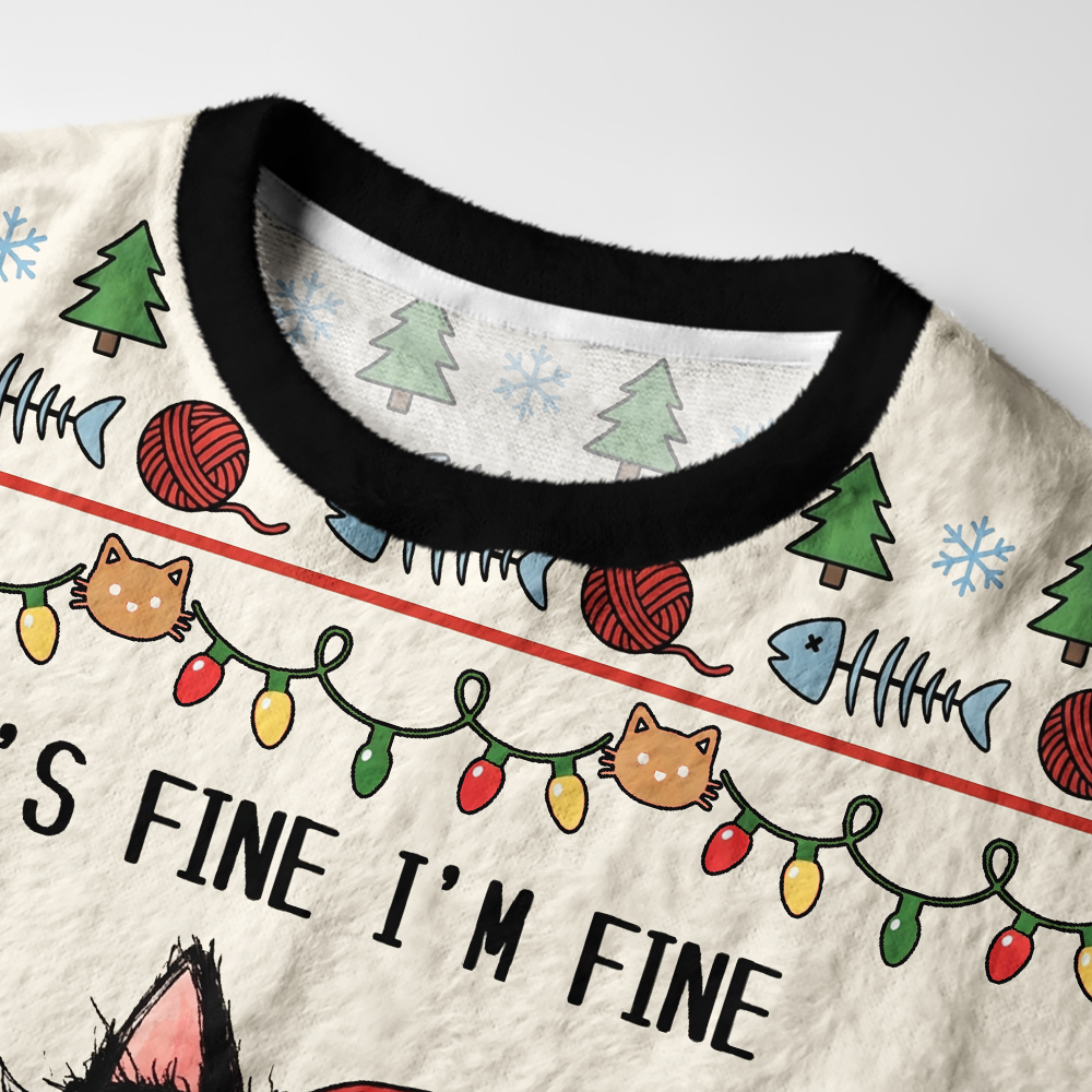Tokyo-Tiger It's Fine Black Cat Meme Fuzzy Christmas Ugly Sweatshirt