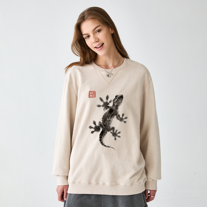 Tokyo-Tiger Minimal Asian Ink Brush Gecko Vibe Washed Terry Sweatshirt