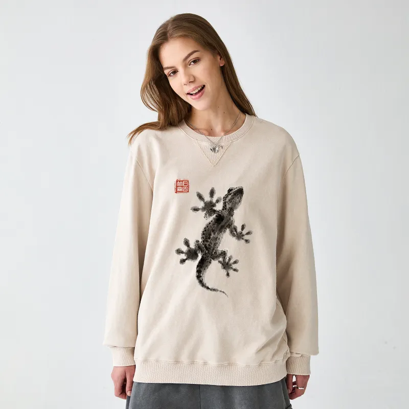Tokyo-Tiger Minimal Asian Ink Brush Gecko Vibe Washed Terry Sweatshirt
