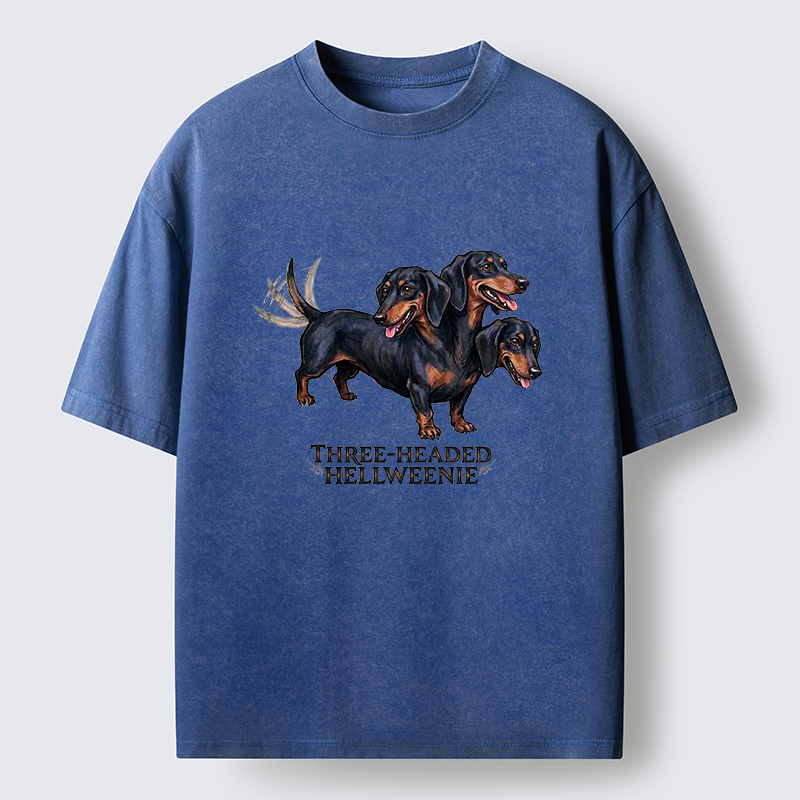 Tokyo-Tiger Three-headed Hellweenie Dachshund Dog Washed T-Shirt