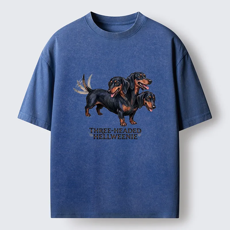 Tokyo-Tiger Three-headed Hellweenie Dachshund Dog Washed T-Shirt