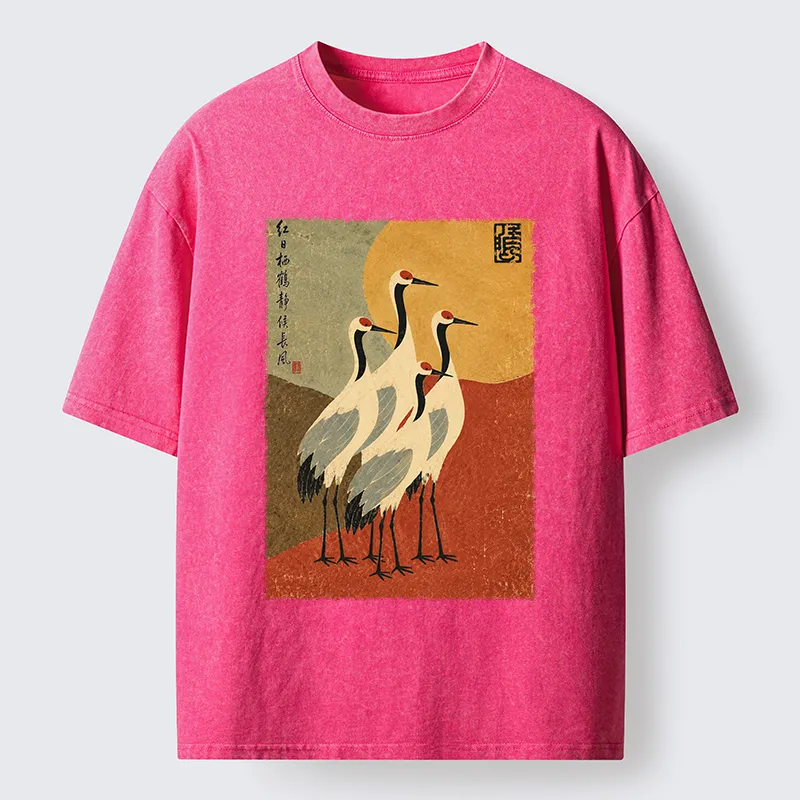 Tokyo-Tiger Oriental Crane Group Painting Washed T-Shirt