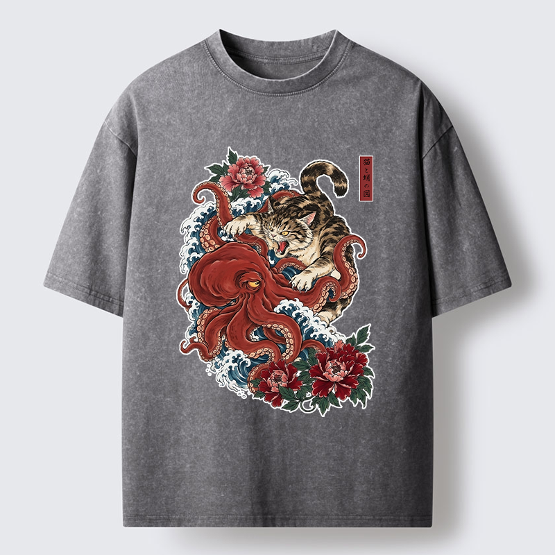 Tokyo-Tiger Ukiyo Style Cat Fighting Octopus Washed T-Shirt