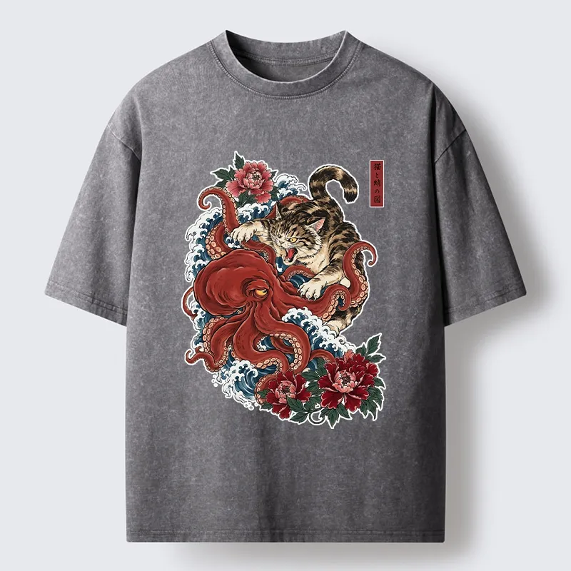 Tokyo-Tiger Ukiyo Style Cat Fighting Octopus Washed T-Shirt