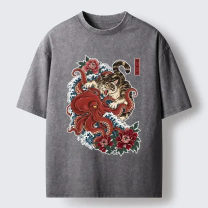 Tokyo-Tiger Ukiyo Style Cat Fighting Octopus Washed T-Shirt