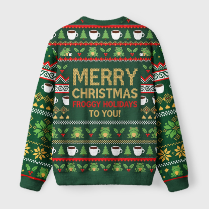 Tokyo-Tiger Good Morning Grumpy Frog Coffee Fuzzy Christmas Ugly Sweatshirt
