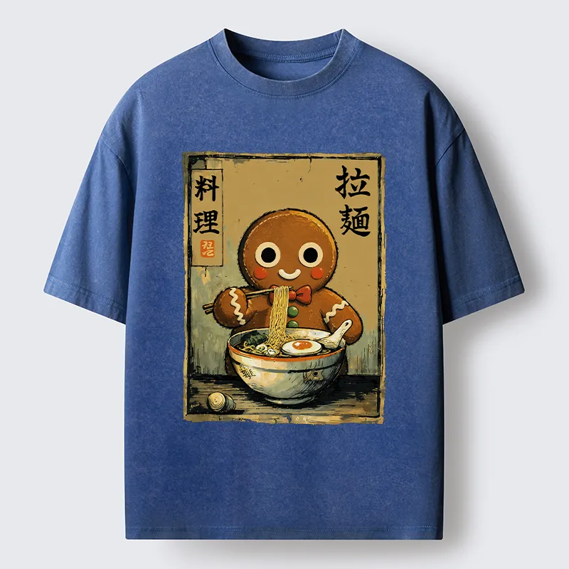 Tokyo-Tiger Funny Gingerbread Eating Ramen Washed T-Shirt