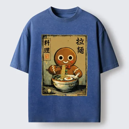 Tokyo-Tiger Funny Gingerbread Eating Ramen Washed T-Shirt