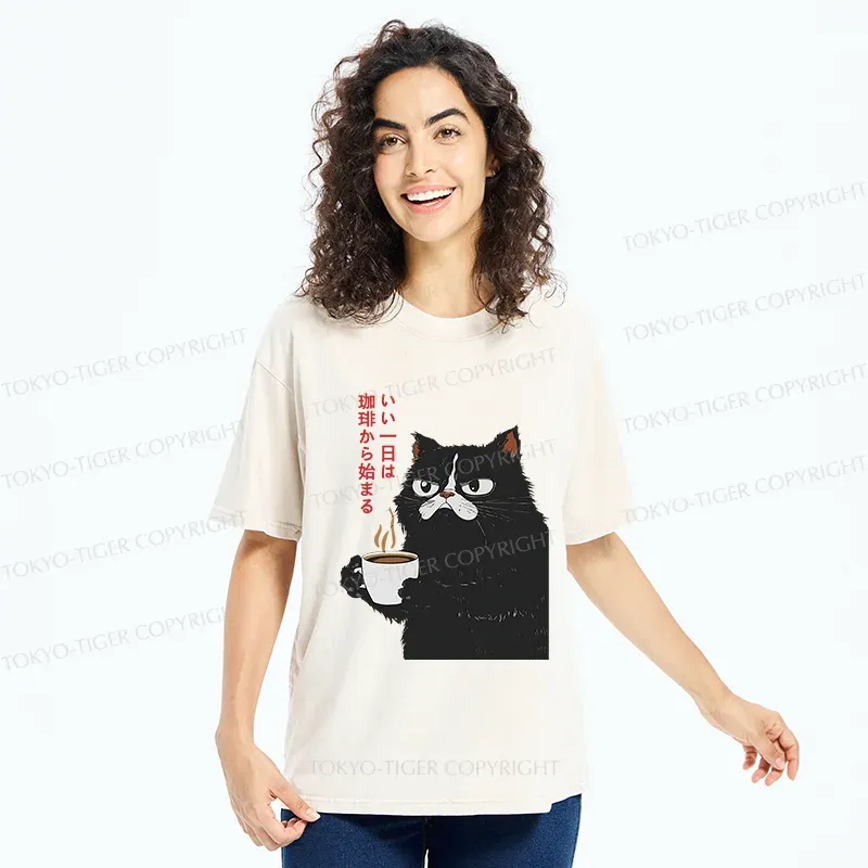 Tokyo-Tiger Black Cat Drinking Coffee Washed T-Shirt