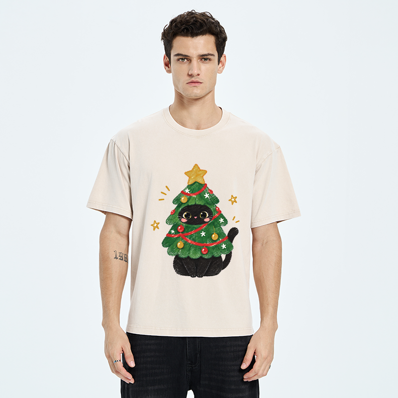 Tokyo-Tiger Christmas Tree Black Cat Washed T-Shirt