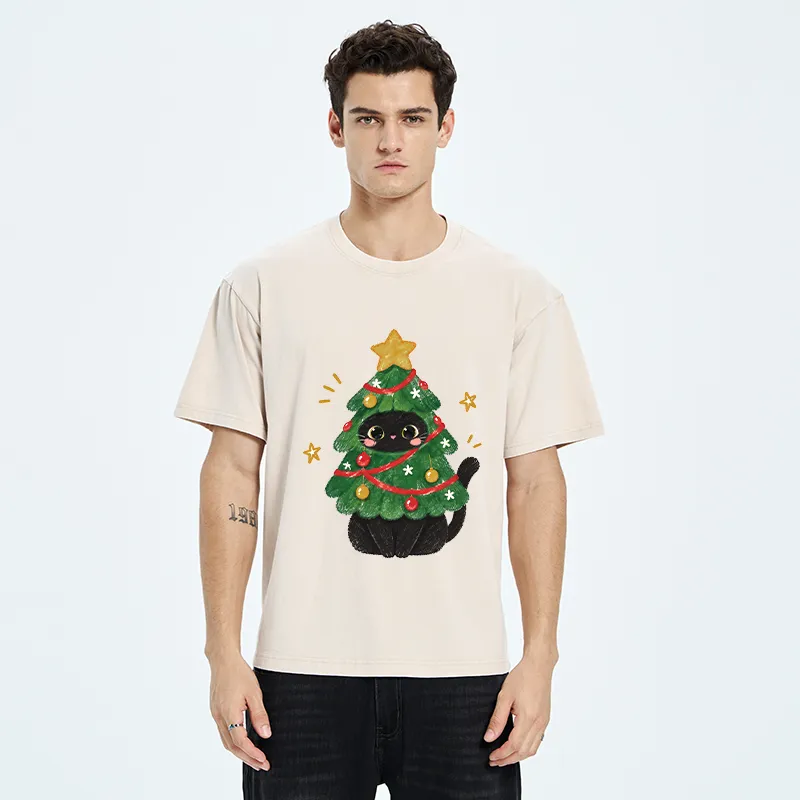 Tokyo-Tiger Christmas Tree Black Cat Washed T-Shirt