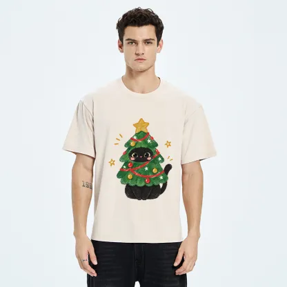 Tokyo-Tiger Christmas Tree Black Cat Washed T-Shirt