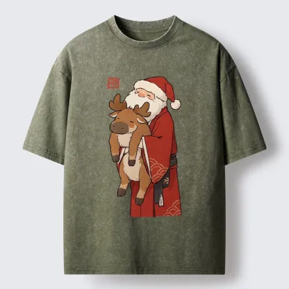 Tokyo‑Tiger Kimono Santa Hug Moose Washed T‑Shirt