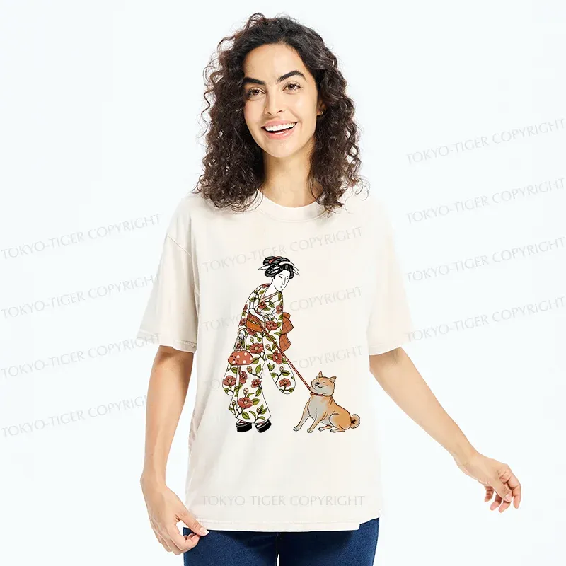 Tokyo-Tiger Geisha Walking Her Dog Washed T-Shirt