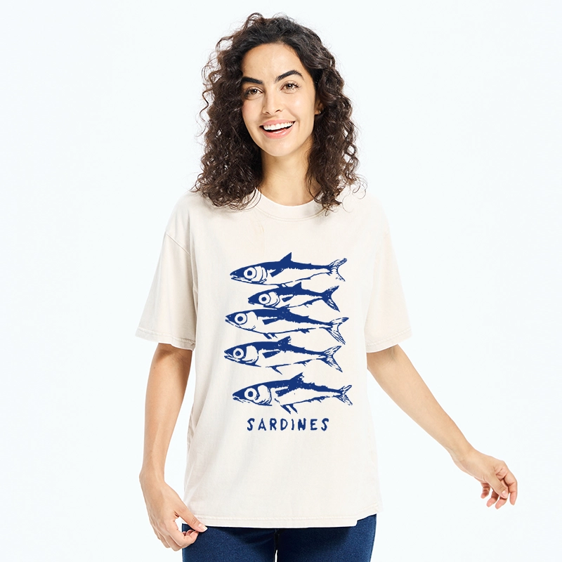 Tokyo-Tiger Blue And White Sardines Linocut Art Washed T-Shirt