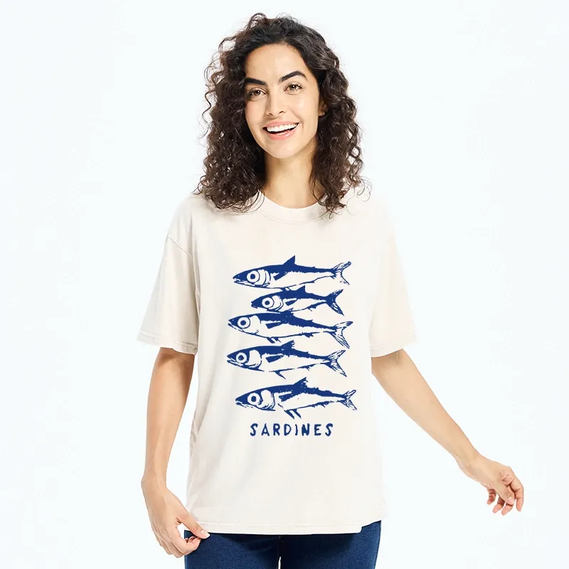Tokyo-Tiger Blue And White Sardines Linocut Art Washed T-Shirt