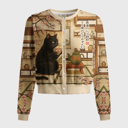 Tokyo-Tiger Tea Time With A Black Cat Women's Lightweight Cardigan