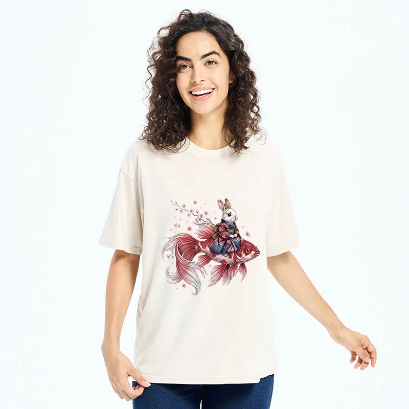 Tokyo-Tiger Japanese Style Rabbit And Koi Fish Washed T-Shirt