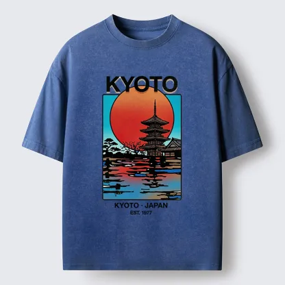 Tokyo-Tiger Japanese Temple Sunset Art Washed T-Shirt