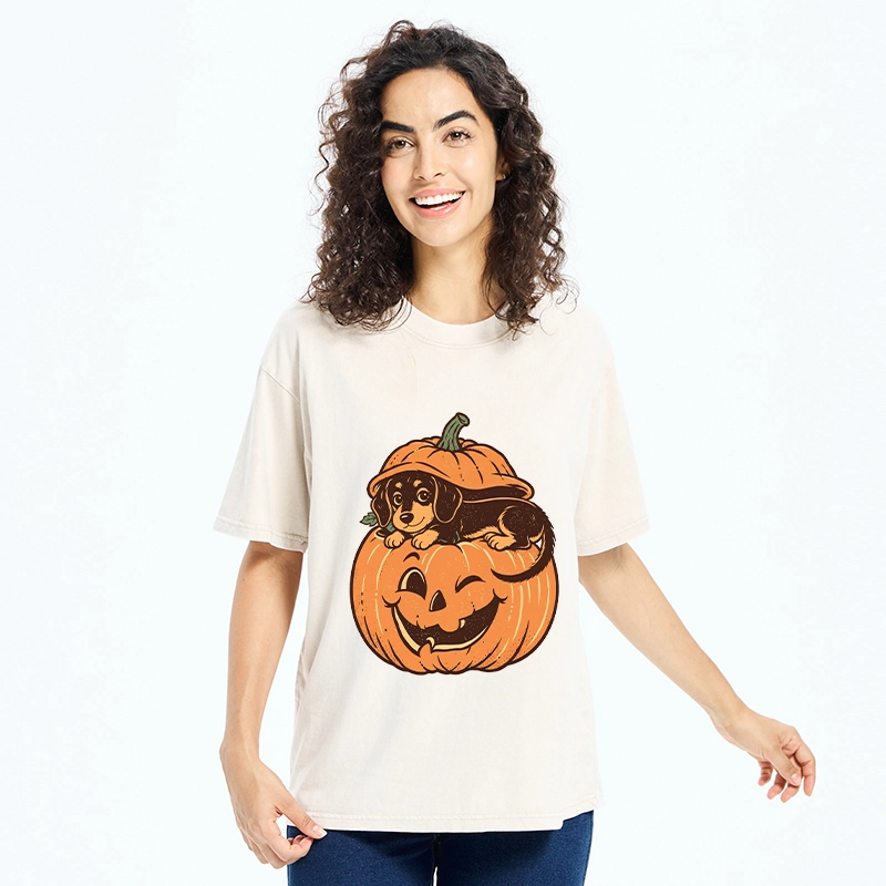Tokyo‑Tiger Retro Pumpkin Dog Washed T‑Shirt