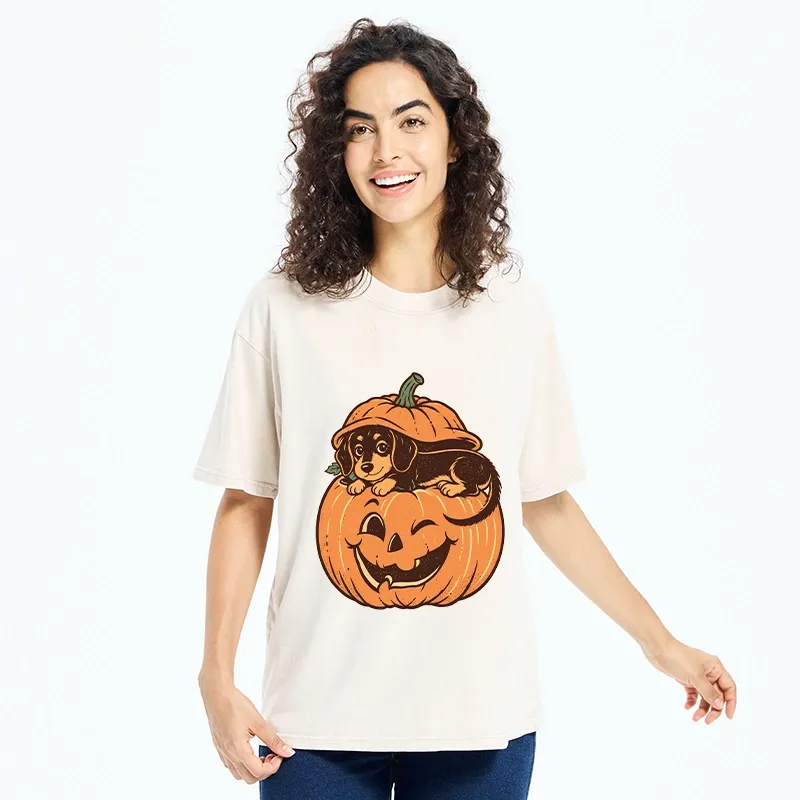Tokyo‑Tiger Retro Pumpkin Dog Washed T‑Shirt