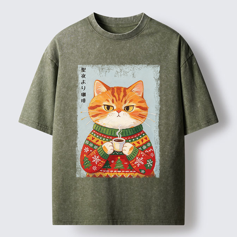 Tokyo-Tiger Christmas Coffee Cat Art Washed T-Shirt