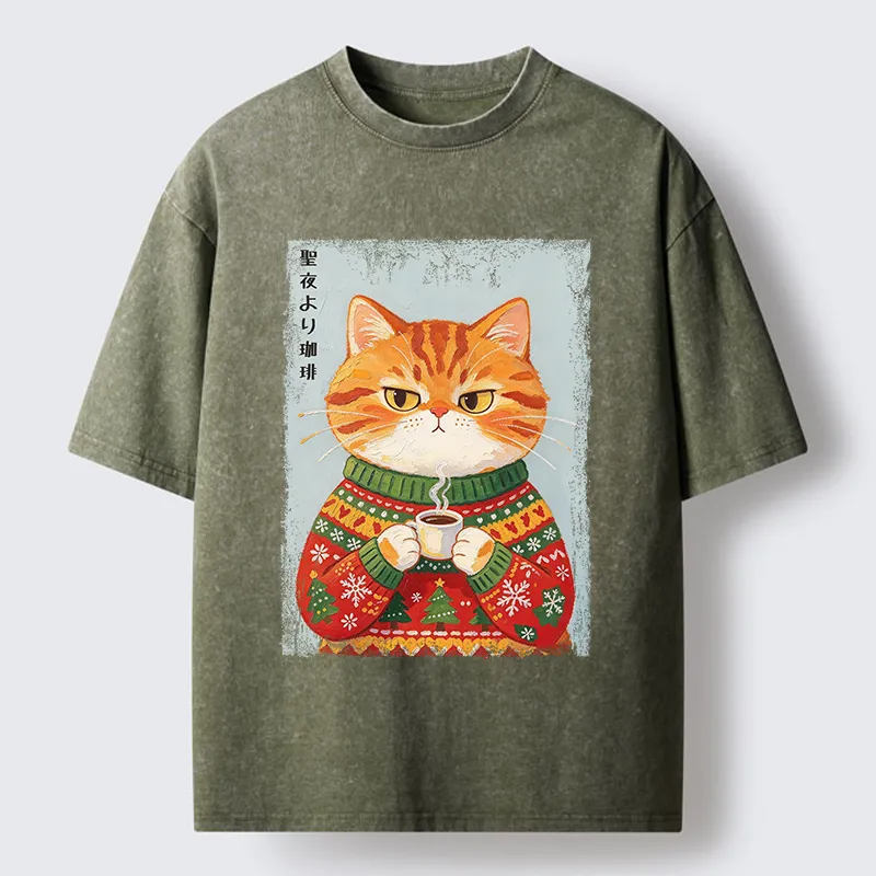 Tokyo-Tiger Christmas Coffee Cat Art Washed T-Shirt