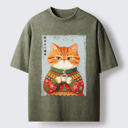 Tokyo-Tiger Christmas Coffee Cat Art Washed T-Shirt