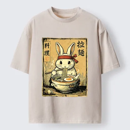 Tokyo-Tiger Cute Rabbit Eating Ramen Washed T-Shirt