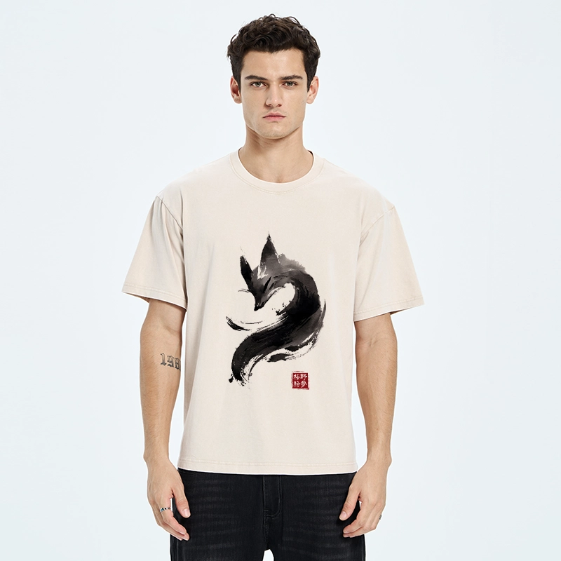 Tokyo-Tiger Japanese Ink Wash Fox Art Washed T-Shirt