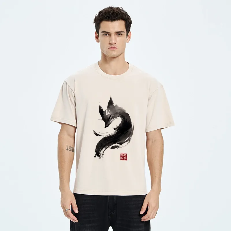 Tokyo-Tiger Japanese Ink Wash Fox Art Washed T-Shirt