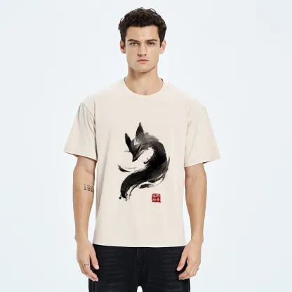 Tokyo-Tiger Japanese Ink Wash Fox Art Washed T-Shirt