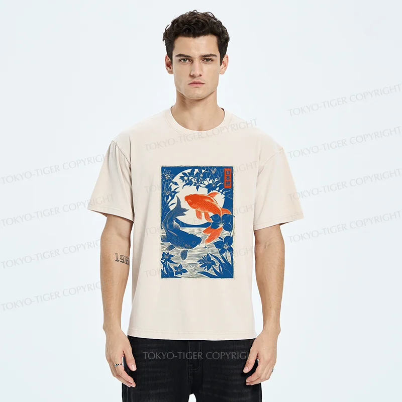 Tokyo-Tiger Woodcut Koi Washed T-Shirt