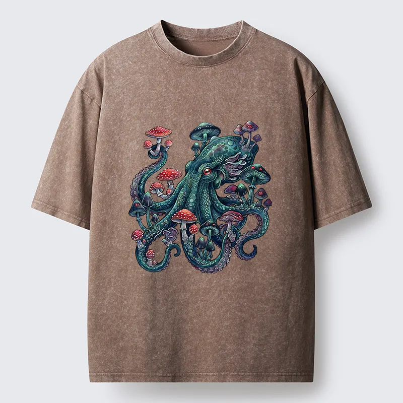 Tokyo-Tiger Octopus Covered In Mushrooms Washed T-Shirt