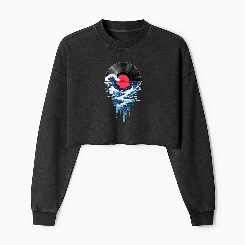 Tokyo-Tiger Vinyl Records And Waves Washed Crop Sweatshirt