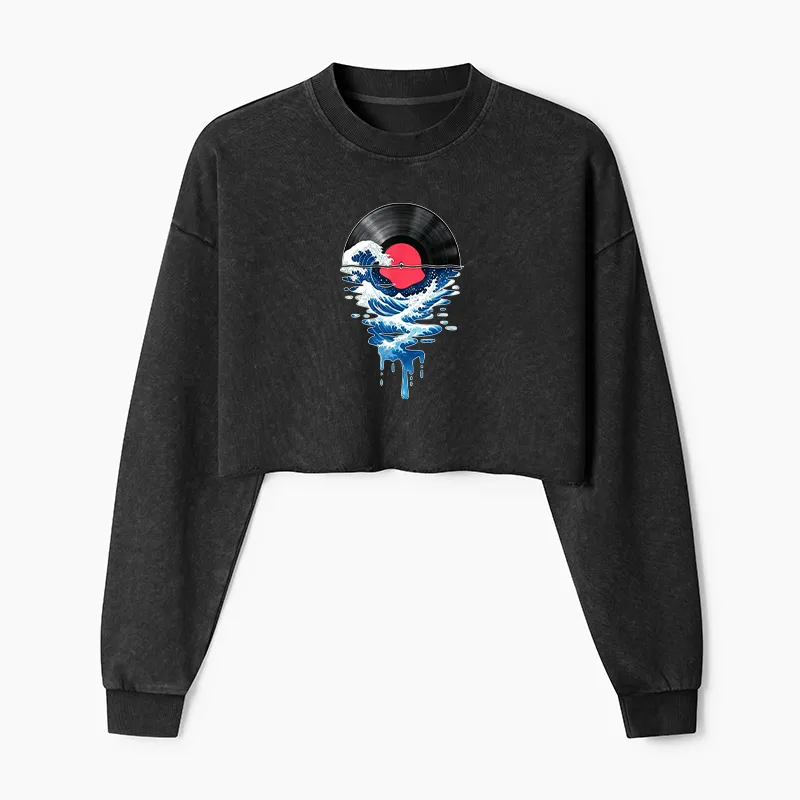 Tokyo-Tiger Vinyl Records And Waves Washed Crop Sweatshirt