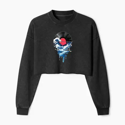 Tokyo-Tiger Vinyl Records And Waves Washed Crop Sweatshirt