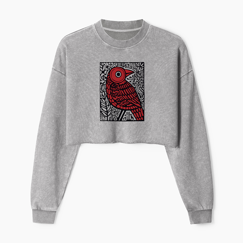Tokyo-Tiger Retro Woodblock Bird Washed Crop Sweatshirt